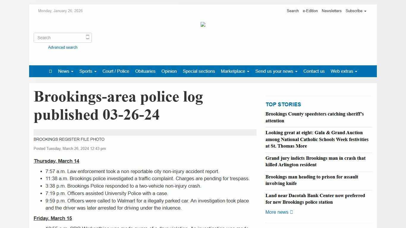 Brookings-area police log published 03-26-24 - Brookings Register